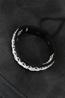 Men - Black Color Leather Men's Bracelet With White Stitching 100318747 - Turkey