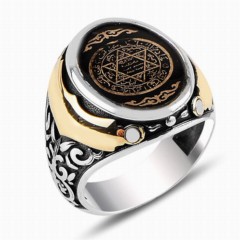 Men - Seal of Prophet Solomon Motif Black Enameled Silver Men's Ring 100347719 - Turkey