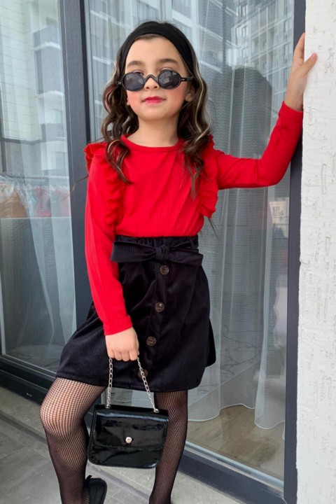 Girl's New Frilly and Double Pocket Front Button Detailed Black Velvet Skirt Suit 100327637