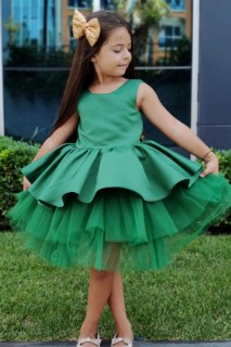 Kids - Grünes Mädchen-Abendkleid mit mehrlagigem Tüllrock und Zellstoff-Dekolleté mit Schleifenknoten 100344605 - Turkey