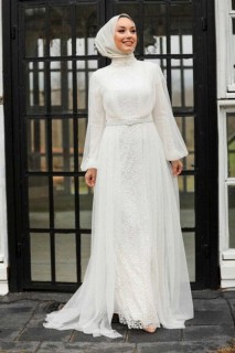 Wedding & Evening - Ecru Hijab Evening Dress 100300209 - Turkey