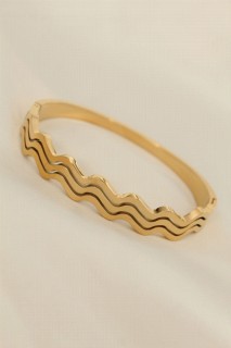 Bracelet - Steel Gold Color Wavy Model Cuff Bracelet 100319943 - Turkey