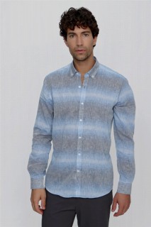 Men's Blue Linen Paneled Regular Fit Comfy Cut Shirt 100351063