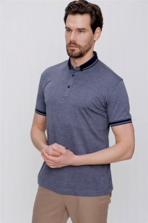 Men's Navy Blue Mercerized Collar Striped Buttoned Collar Dynamic Fit Comfortable Cut T-Shirt 100350713