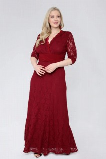 Plus Size Full Guipure Evening Dress Claret Red 100275963