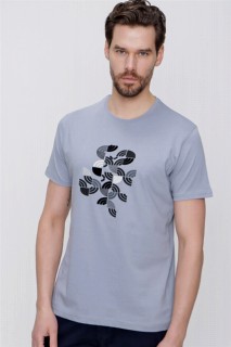 Men Clothing - Men's Gray Crew Neck Trend Printed Dynamic Fit Comfortable Cut T-Shirt 100351449 - Turkey