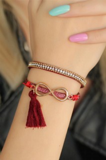 Woman - Claret Red Color Metal Infinity Tassel Ladies Bracelet 100318742 - Turkey