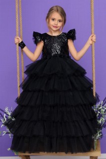 Evening Dress - Girl's Waist Floral Embroidered Skirt Fluffy Katkat Tulle and Tarlatan Pulpeau Black Evening Dress 100327416 - Turkey