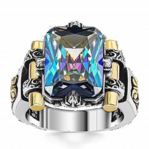 mix - Shield Model Blue Mystic Topaz Stone Sterling Silver Men's Ring 100350361 - Turkey