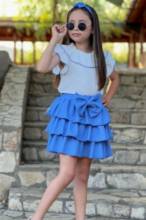 Girl Clothing - Girls Ruffle Collar Layered Collar Bow Detailed Blue Skirt Suit 100328529 - Turkey