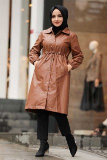 Coat - Sunuff Clolored Hijab Leather Coat 100335393 - Turkey