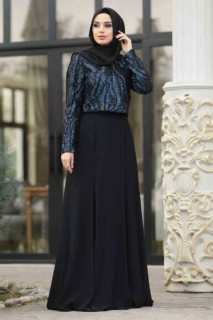 Wedding & Evening - Sax Blue Hijab Evening Dress 100299364 - Turkey