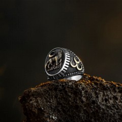 Oval Wolf Motif Three Crescent Patterned Silver Men's Ring 100349064