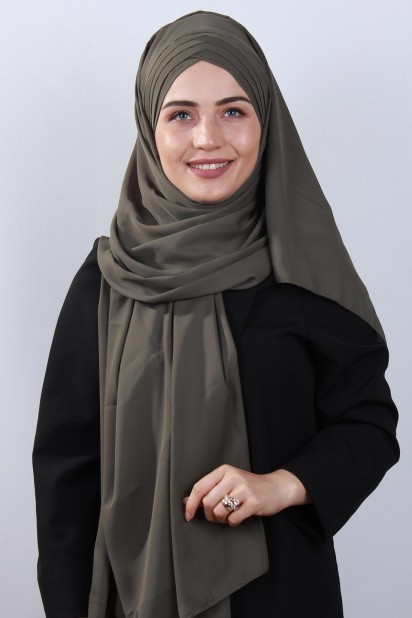 Woman Bonnet & Hijab - 4 Draped Hijab Shawl Khaki Green 100285079 - Turkey