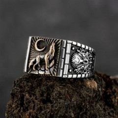 Animal Rings - Bozkurt Embroidered Sides Ottoman Motif Silver Ring 100346584 - Turkey