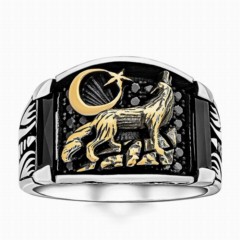 Bozkurt Motif Moon Star Sterling Silver Men's Ring 100346778