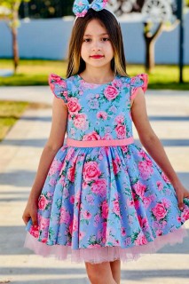 Girl Clothing - Girl Rose Printed Ruffle Sleeve Skirt Fluffy Tulle Powder Dress 100328509 - Turkey