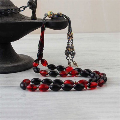 Men - Red Black Color Transition Tasseled Edging Coated Spinning Amber Rosary 100349517 - Turkey