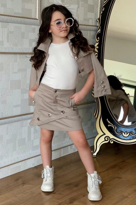 Girl Clothing - Girls' Beige Skirt Suit with Chain and Button Detail 4 Pieces at Back 100327405 - Turkey