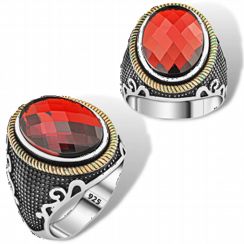 Dot Patterned Red Zircon Stone Silver Ring 100350380