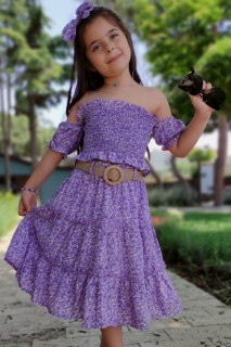 Girl Clothing - Boys Floral Pattern Boat Neck Low Shoulder Crop Purple Skirt Suit 100328534 - Turkey