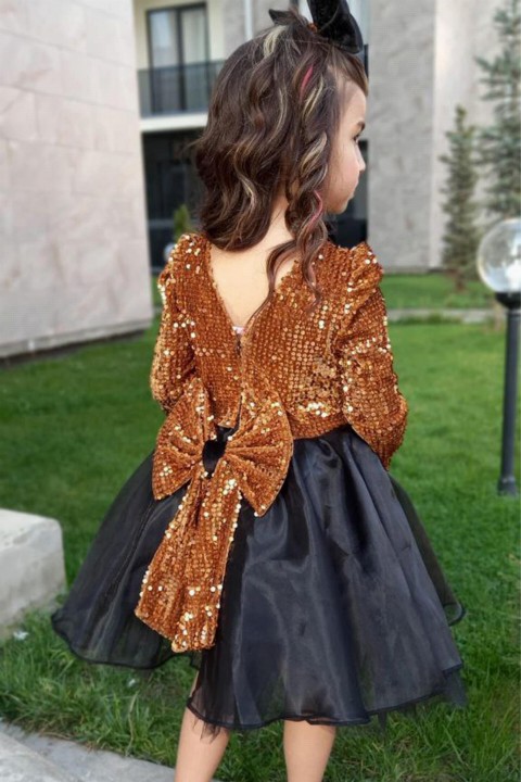 Girls' Bow Detailed Skirt Fluffy Tulle Pulpayet Brown Evening Dress 100328667