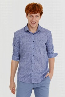 Men's Navy Blue Cotton Slim Fit Slim Fit Printed Italian Collar Long Sleeve Shirt 100350613