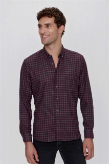 Men Clothing - Men's Claret Red Melange Checked Regular Fit Comfy Cut Pocket Shirt 100351019 - Turkey