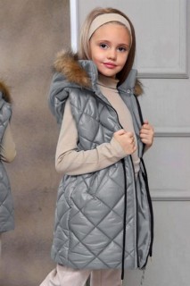 Girl's Rope Detailed Hooded Wool Inflatable Vest Gray Bottom Top Set 100344690