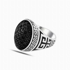 Black Micro Stone Seljuk Patterned Silver Ring 100347845