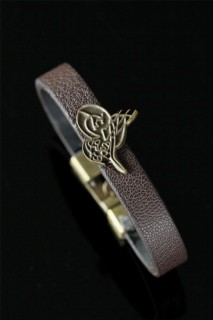 Bracelet - Tumbled Metal Ottoman Monogram Brown Leather Men's Bracelet 100327886 - Turkey