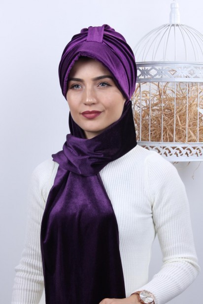 Cap-Hat Style - Velvet Shawl Hat Bonnet Purple 100283137 - Turkey