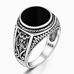 Round Black Onyx Stone Silver Ring 100346362