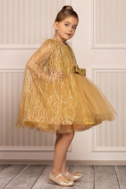 Children's Puffy Bead Embroidered Cape Fluffy Gold Evening Dress 100327204