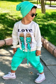 Tracksuit Set - Boys Girls LOVE And Shoe Printed Rope Detailed Turquoise Tracksuit 100328634 - Turkey