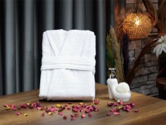 Bathroom - Plain Shawl Collar Large Size Single Bath Robe White 100351649 - Turkey