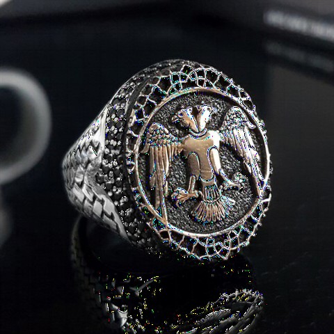 Double Headed Eagle Motif Embroidered Silver Ring 100349688