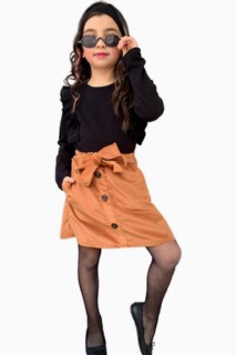 Outwear - New Girl's Frilly and Double Pocket Front Button Detail Black Velvet Skirt Suit 100344682 - Turkey