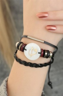 Black Color Elif Vav Design Multiple Leather Women's Bracelet 100318760