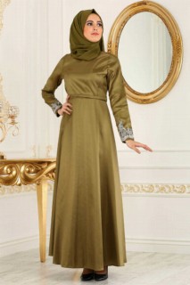 Wedding & Evening - Oil Green Hijab Evening Dress 100299206 - Turkey