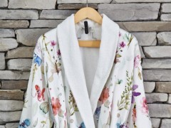 Home Product - Lace Efil Digital Printed Cotton Women Single Bathrobe Cream 100332339 - Turkey