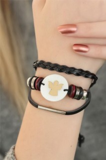 Bracelet - Black Color Angel Design Multiple Leather Women's Bracelet 100318515 - Turkey