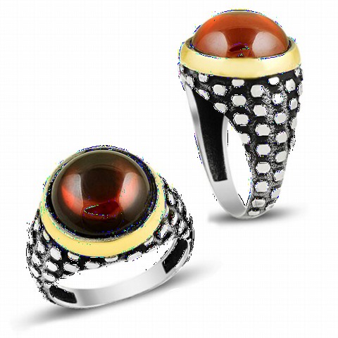Round Onyx Stone Gold Detailed Sterling Silver Men's Ring 100349317