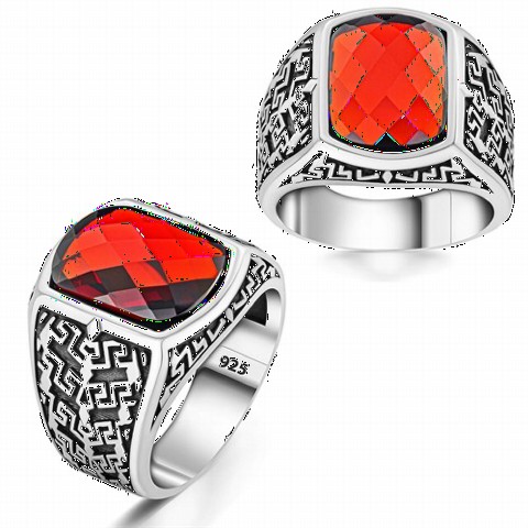 Zircon Stone Rings - Red Zircon Stone Greek Pattern Motif Sterling Silver Ring 100350275 - Turkey