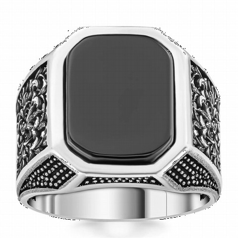 Dot Patterned Black Onyx Stone Sterling Silver Men's Ring 100350382