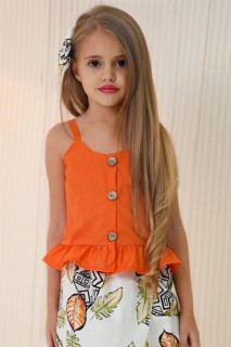 Girl's Front Buttoned Ruffle Waist and Leaf Patterned Orange Skirt Suit 100327281