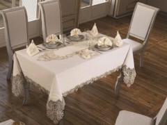 Table Cover Set - French Guipure Jasmine Table Cloth Set 18 Pieces Ecru Gold 100259630 - Turkey
