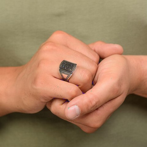 Black Zircon Micro Stone Silver Ring 100349322