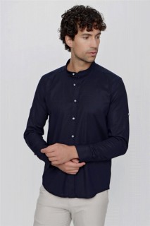 Men's Navy Blue Gabardine Lycra Classic Collar Slim Fit Slim Fit Slim Fit Shirt with Folded Sleeves 100351059