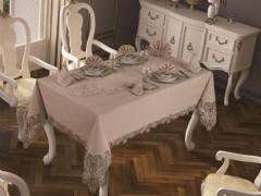 Table Cover Set - French Guipure Jasmine Table Cloth Set 18 Pieces Cappucino 100259629 - Turkey